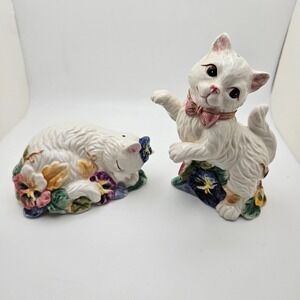 Vintage White Ceramic Cat Salt & Pepper Shakers Set Floral Kittens Bow 4" Tall